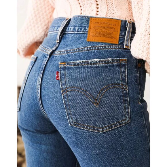 Levis Premium Womens Wedgie Straight Denim Jeans Dark Blue High Rise Button Fly - Picture 7 of 9